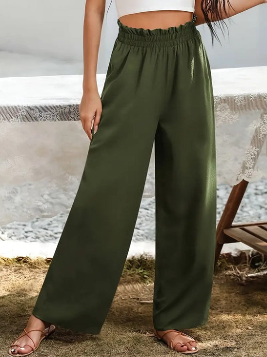 Ruffle Trim Elastic High Waist Pants
