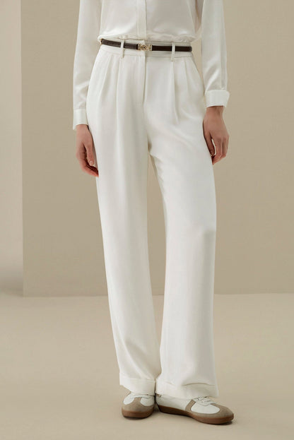 White Pleated Wide-Leg Trousers