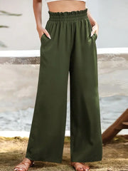 Ruffle Trim Elastic High Waist Pants